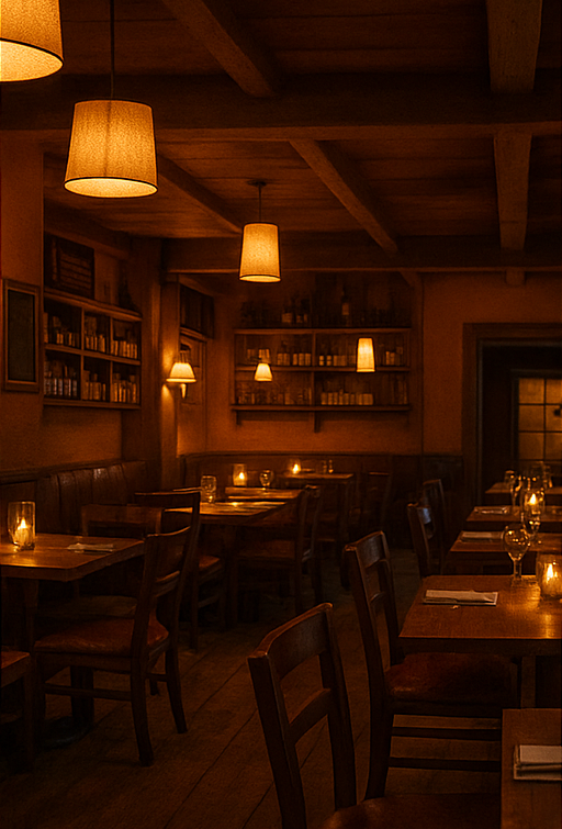 Cozy restaurant interior with warm lighting