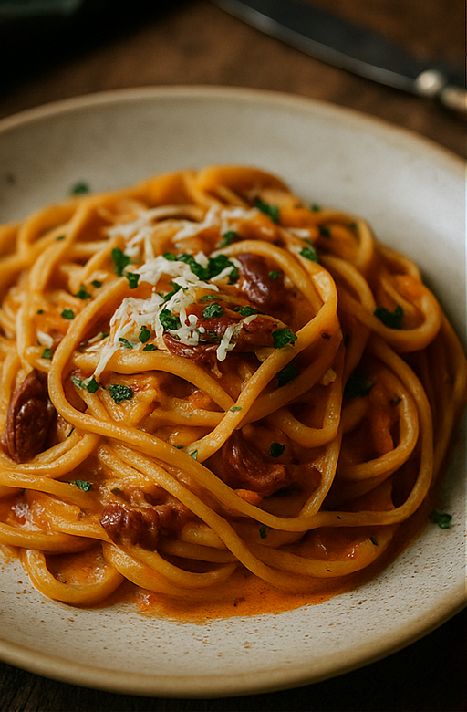 Close-up of a warm pasta dish on a wooden table